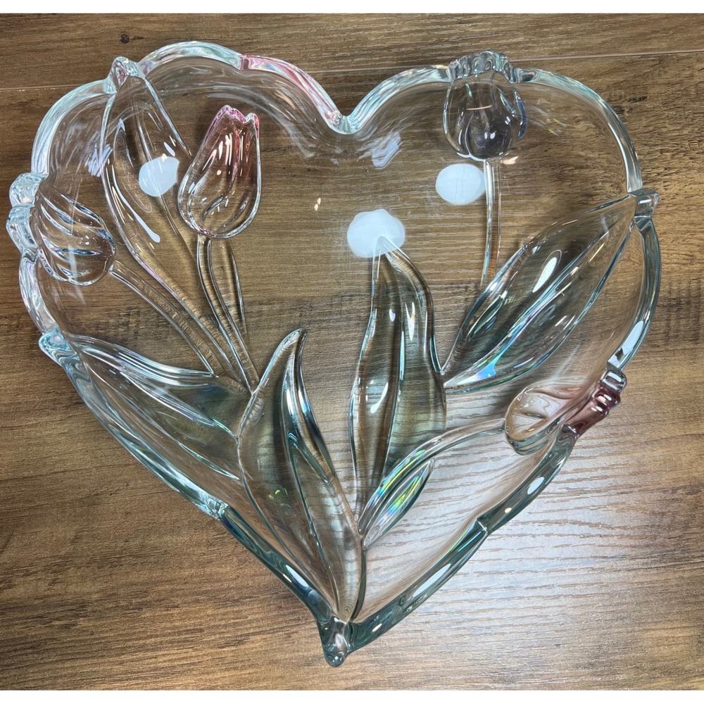 Vintage Heart Shaped Glass Bowl Embossed Tulip Floral Pink Clear Dish 9 Inch